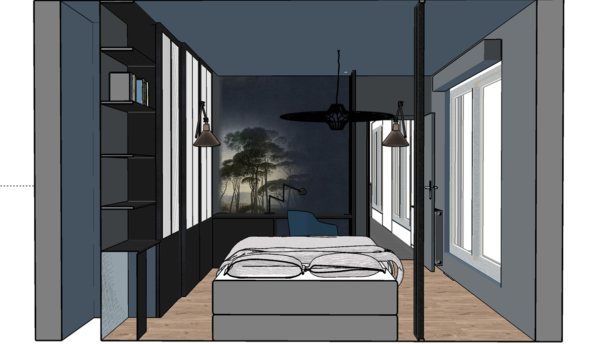 Conception intérieur chambre en 3D aux couleurs sombres à Bayonne