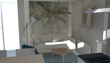 Vue photoréalisme du coin salon dans une résidence secondaire bord de mer dans les Landes à Seignosse