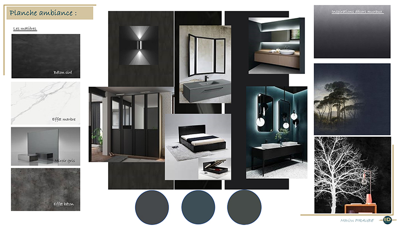 Planche d'ambiance pour chambre aux couleurs sombres au Pays-Basque