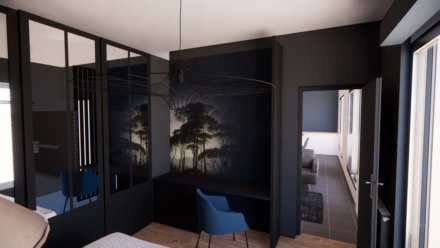 Visuel 3D d'une décoration intérieure d'une chambre masculine à Bayonne par Marion PIRAUBE agence ID'Harmonies