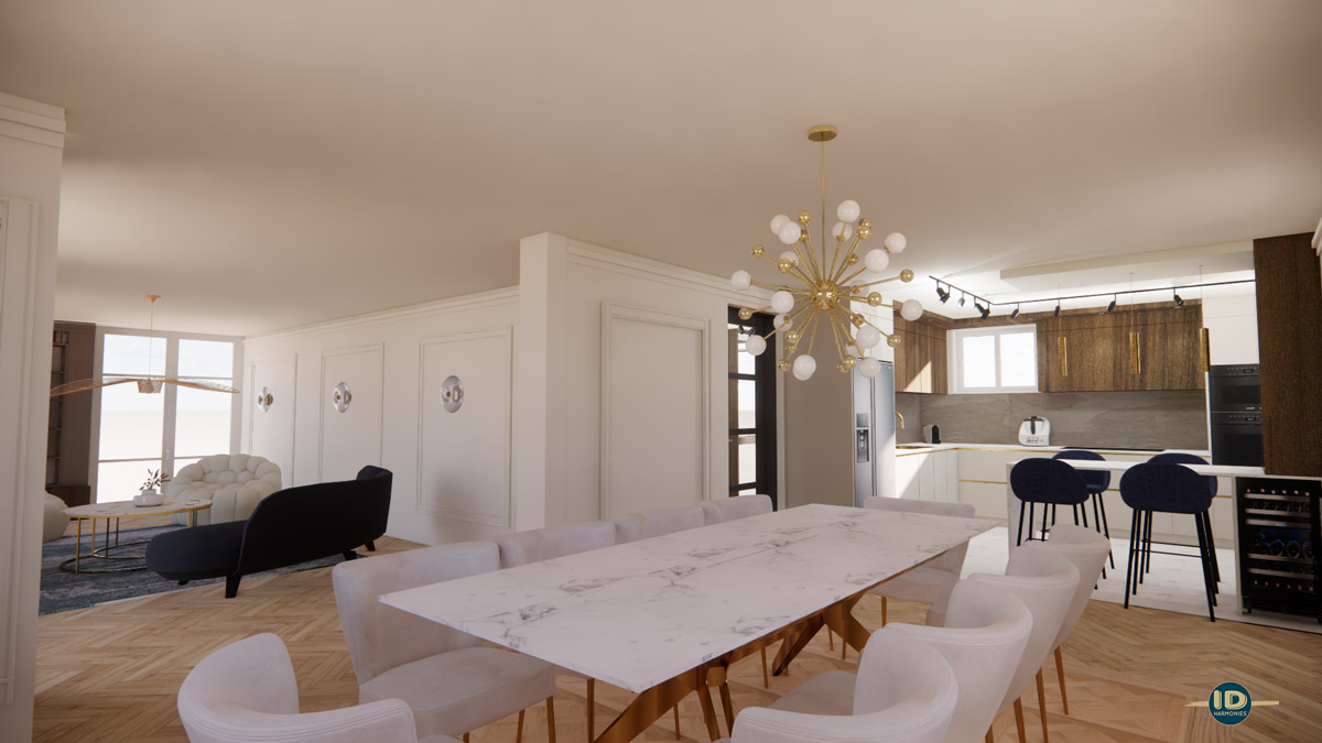 Décoration intérieure d'une pièce de vie chic et luxe, visuels 3D par l'agence ID'Harmonies - Marion PIRAUBE