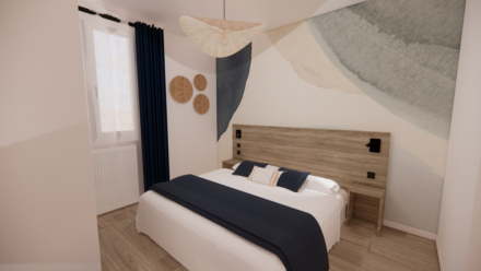Modélisation 3D design interieur d'une chambre familiale dans un gîte à Bidart, par l'agence par ID'Harmonies - Marion PIRAUBE