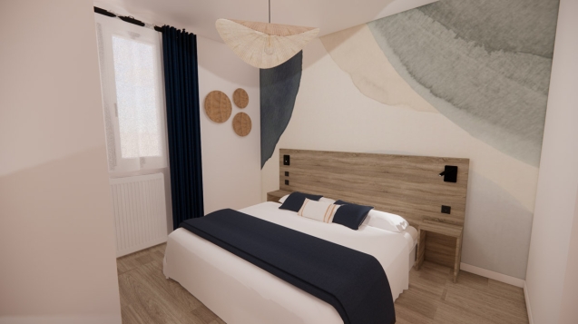 Modélisation 3D design interieur d'une chambre familiale dans un gîte à Bidart, par l'agence par ID'Harmonies - Marion PIRAUBE