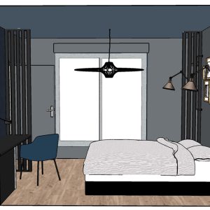 Conception 3D d'une chambre masculine au couleur sombre et plafond en bleu gris à Bayonne