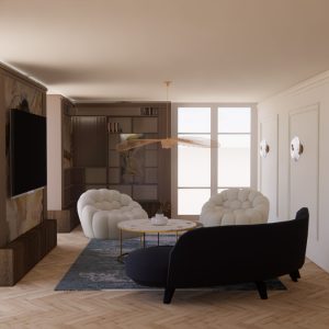 Décoration intérieure salon cosy et chic en visuel 3D par l'agence ID'Harmonies - Marion PIRAUBE