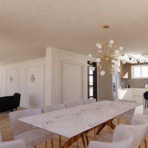 Décoration intérieure d'une pièce de vie chic et luxe, visuels 3D par l'agence ID'Harmonies - Marion PIRAUBE