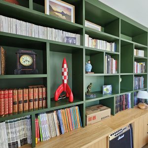 Agencement sur mesure d'un meuble bibliothèque vert, par l'agence ID'Harmonies - Marion PIRAUBE