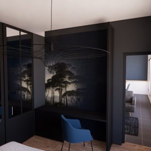 Visuel 3D d'une décoration intérieure d'une chambre masculine à Bayonne par Marion PIRAUBE agence ID'Harmonies