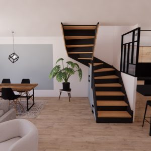 Décoration intérieure d'un rez de chaussée d'une maison à Bidart, en visuels 3D par l'agence ID'Harmonies Marion PIRAUBE