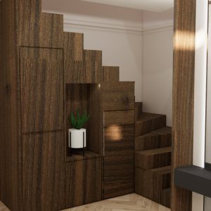 Agencement intérieur meuble escalier, visuel 3D photoréaliste par l'agence ID'Harmonies - Marion PIRAUBE