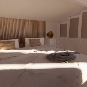Visuel 3D de la décoration intérieure d'une chambre d'une villa à Guéthary réalisé par l'agence ID'Harmonies-Marion PIRAUBE