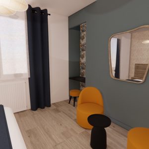 Modélisation 3D de décoration intérieur d'une chambre d'hôtel au Pays-Basque, par l'agence ID'Harmonies - Marion PIRAUBE