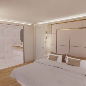 Décoration intérieure d'une chambre parentale, avec tête de lit en cuir, visuel 3D par l'agence ID'Harmonies - Marion PIRAUBE