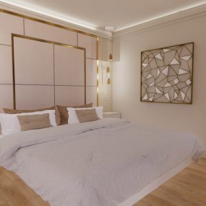 Décoration intérieure d'une suite parentale ambiance luxe, en visuel 3D photoréaliste, par l'agence ID'Harmonies - Marion PIRAUBE