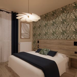 Conception 3D design intérieur d'une chambre d'hôtel à Bidart, par l'agence ID'Harmonies - Marion PIRAUBE