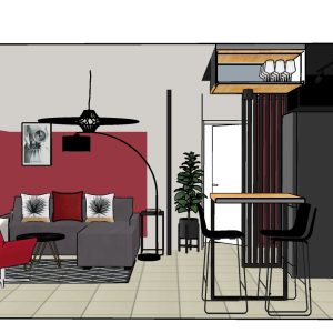 Vue 3D sur le mur rouge du salon d'une résidence de Saint Jean de Luz