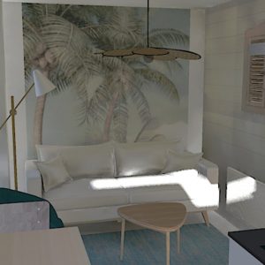 Vue photoréalisme du coin salon dans une résidence secondaire bord de mer dans les Landes à Seignosse
