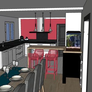 Visuel 3D sur la cuisine avec mur rouge Biarritz