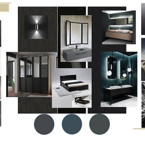 Planche d'ambiance pour chambre aux couleurs sombres au Pays-Basque