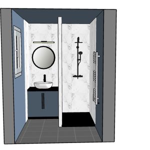 Salle d'eau bleu, marbre et détail noir avec optimisation d'espace à Bayonne