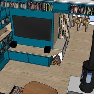 Dessin 3D d'un grand meuble TV sur mesure bleu canard Biarritz