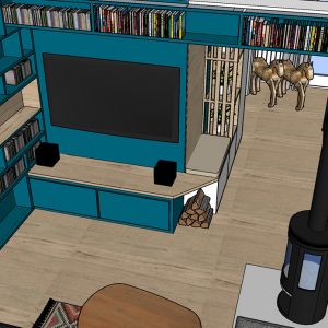 Dessin 3D d'un grand meuble TV sur mesure bleu canard Biarritz
